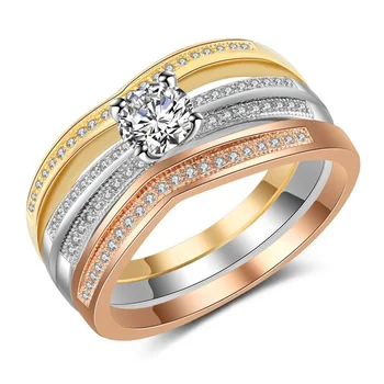 FDLK 3-in-1 Prabanga Round Crystal Žiedą, AAA Kubinis Cirkonis Moterų Vestuvės Vestuvinis Juostos Žiedas Nustatyti Atitikimo Žiedai Didmeninė