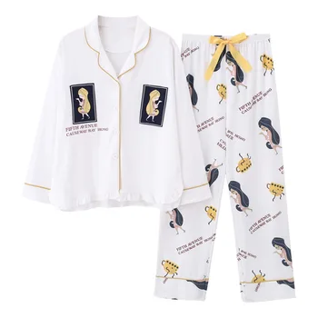 Naują Pavasario Sleepwear 2 Gabalas Rinkiniai Moterų Medvilnės Atsitiktinis Pižama Animacinių filmų Nėriniai Moterų Homewear Didelio Dydžio Baltos spalvos Pijama Pižamos