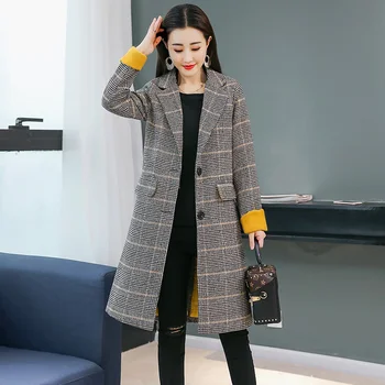 Retro patikrinti, vilnoniai paltai moteriški drabužiai 2018 naują stilių ilgai kostiumas apykaklės retro slim temperamentas didelis metrų vilnonių coatTB18601