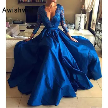 Royal Blue Elegantiškas Vakare Chalatai Moterų V-kaklo, Nėriniai Satin A-line Priekinis Ritininės Oficialų Suknelė Šalis Suknelė Su Rankovėmis