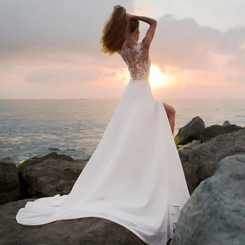 Žavinga Vestuvių Suknelės 2021 Boho Ritininės Nuotakos Suknelė O-kaklo, Rankovių Aplikacijos, Nėrinių Chalatas De Mariage