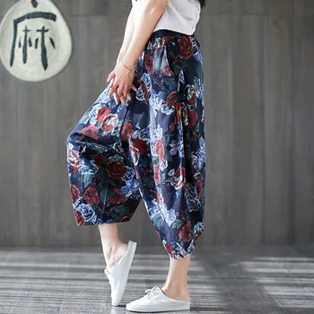 2020 M. Rudens Retro Nacionalinės Stiliaus Didelis Dydis Moterų Platų Kojų Kelnės Prarasti Elastinga Juosmens Spausdinti Plisuotos Lino Kelnės Drabužių Streetwear