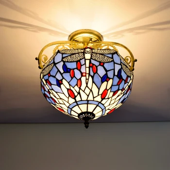 Europos Viduržemio jūros regiono stiliaus Dragonfly kūrybos koridorius koridorius, pusiau kabančios lubų šviestuvas Tiffany spalvos stiklo led meno lempos
