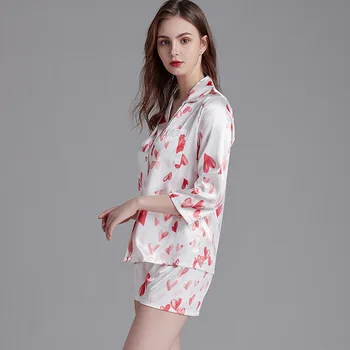 Naujas Moterų Pižama Komplektas 2 vnt spausdinimo Dirbtiniais Šilko Pižama Kostiumas Mielas Sleepwear Trumpas Sleepwear Šortai moterims