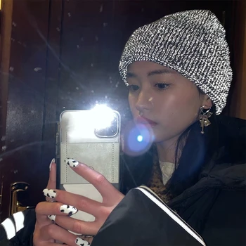 Unisex Atspindintis Megzti Beanie Skrybėlių Žiemą Šilta Naktinio Važiavimo Dviračiu Didelio Matomumo Saugos Harajuku Hip-Hop Manžetai Kaukolė Bžūp
