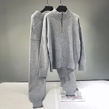 Moterų megzti dviejų dalių kostiumas 2021 naujas šiltas, aukštos kaklo megzti pusės-užtrauktukas megztinis ir kelnės dviejų dalių kostiumas moterims