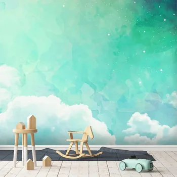 [Lipnios] 3D White Cloud Žalia Žvaigždėtas Dangus 3 Sienos Popieriaus freskos Sienos Spausdinti Decal Sienų Freskomis