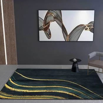 Madingų šiuolaikinių paprasta tamsiai žalia, aukso kreivė juostelės virtuvė, svetainė, miegamojo lovos kiliminė danga, grindų kilimėlis
