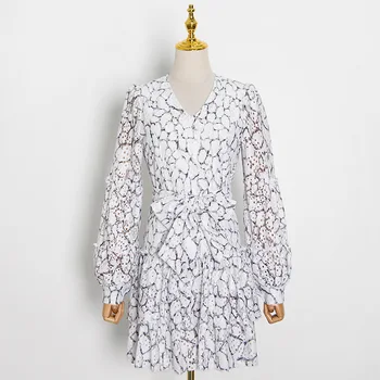 Python Spausdinti Suknelė Moteris 2020 M. Rudenį Ilgai Žibintų Rankovėmis V-kaklo suknelė moterų kilimo ir tūpimo tako projektavimo prabanga tuščiaviduriai iš vestido