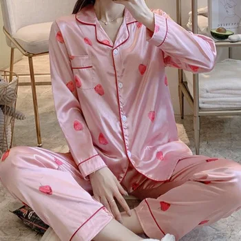 Moterų Pajama Komplektai Šilko Satino Pijama -žemyn Apykaklės Sleepwear ilgomis Rankovėmis naktiniai drabužiai Femme 2 Vienetų Rinkinių Homewear Mantija Rinkiniai, Visiškai