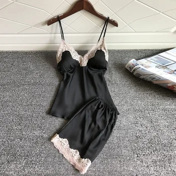 Moterų Populiarus Vasaros vientisos Spalvos Suspender Nėrinių Liemenė Šortai Pižama Komplektas Ponios Sexy Namų Paslauga Sleepwear Nustatyti пижама