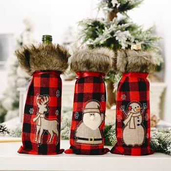 Raudoni Kalėdų Senelio Elnių Buffalo Pledas Vyno Butelio Dangtelį 2020 Kalėdų Papuošalai Navidad Kalėdos Naujųjų Metų Kalėdų Puošybos Pūkų Kamuoliuką
