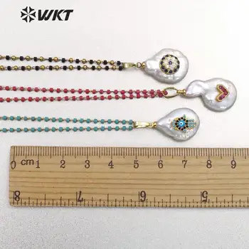 WT-MN952 Natūralių Gėlavandenių Perlų&CZ Nutiesti Karoliai Netaisyklingos Formos perlas Su Širdies& Evil Eye&Pusmėnulio& Hamas Žavesio Karoliai