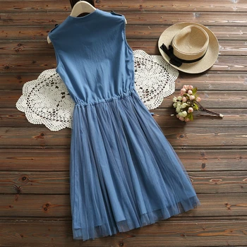 2019 naujas vasaros moterų suknelė elegantiškas aukštu juosmeniu be rankovių mėlyna suknelė moterų tinklinio splice-Line mini suknelė moteriški drabužiai 3518 50