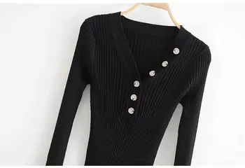 HCBLESS 2019 m. rudenį naujų moterų įstrižainės sagtis V-kaklo duobės juostelės plonas megztinis ruožas dugno megztinis
