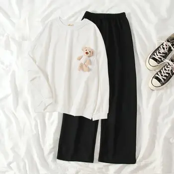 Medvilnės Namų Tiktų Rudenį Kieto Miego Viršūnes + Kelnės Moteris Pižama Sleepwear Loungewear Nightie Homewear Pijamas Femme