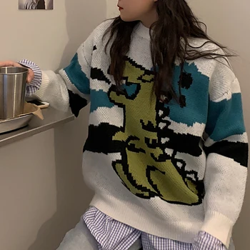 Megzti Megztinis Moterų Animacinių Filmų Dinozaurų Spausdinti Mielas Japonijos Minkštas Streetwear Rudens Žiemos Harajuku Korėjos Moterų Retro Megztinis