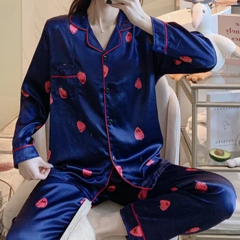 Moterų Pajama Komplektai Šilko Satino Pijama -žemyn Apykaklės Sleepwear ilgomis Rankovėmis naktiniai drabužiai Femme 2 Vienetų Rinkinių Homewear Mantija Rinkiniai, Visiškai