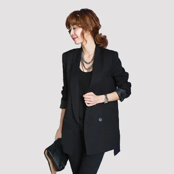 Moterų švarkas atsitiktinis ilgomis rankovėmis juoda striukė moteriška įpjovomis apykaklė kailis ilgas stiliaus švarkai feminino oficialaus biuro ponios outwear