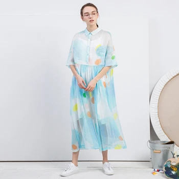 Naujas atvykimo 2018 originalus spausdinti moterų laisvas ilgas šilko marškinėliai suknelė vasarai