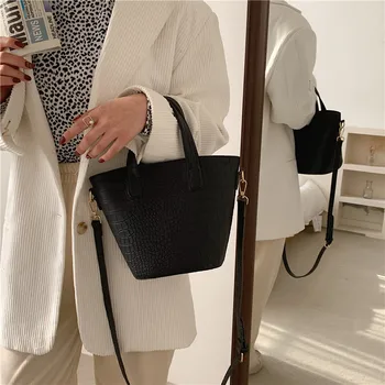 Naujas Moterų Shopper Bag Su Akmens Modelio Moteriška Rankinė Mažas Multi-funkcija Kibirą, Maišą Laukinių Chaki PU Oda atspari Vandeniui 2021