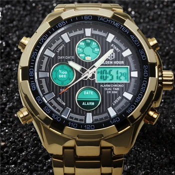 Naujas Prekės ženklo Laikrodžiai Mens LED Skaitmeninio Laikrodžio Vyrų Karinės Sporto Kvarcas-Žiūrėti Aukso Visiškai Plieno, Dvigubas Ekranas Laikrodis relojes hombre