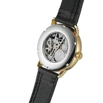 T-NUGALĖTOJAS Mados paprastas atsitiktinis vyriški ir moteriški laikrodžiai black dial aukso atveju, juodos odos dirželis automatinis mechaninis laikrodis