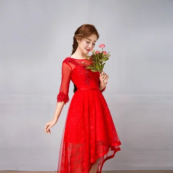 U-PRISIEKIU 2020 Naują Atvykimo Moterų Raudona Bridesmaid Suknelę Gėlių Appliqued Aukšto Juosmens Nėrinių Backless Aukštas Žemas Bridesmaid Suknelę