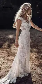 Vestido De Noiva 2020 M. Derliaus Boho Vestuvių Suknelė Su Sexy Nėrinių Trumpas Rankovės Backless Paplūdimio Vestuvių Suknelės