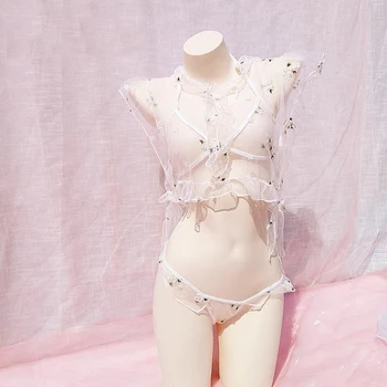 Yhotmeng naujas ponios sexy sprogimo modeliai perspektyvos mielas gėlių siuvinėjimo tinklelio, dirželiai pižama nustatyti trijų dalių