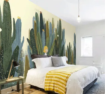 Šiaurės kaktusas miegamojo tapetai, cartoon mergaitę augalų TV sienų medžiaga paprasta, rankomis dažyti American pastoral užsakymą freskos