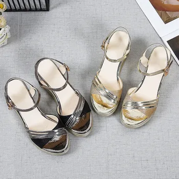 COOTELILI Moterų Vasaros Sandalai Pleištai Blizgučiai Milteliai Platforma Batai 2020 Naujas Mados Sandalai 8cm Pakulnės Juoda Šampano Sandalai