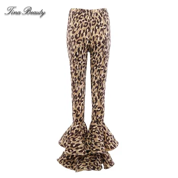 Tina Grožio Leopard Moterų Kelnes Elastinga Juosmens Visas Ilgis Flare Kelnės Ruožas Šilkiniai Streetwear Pantalon Femme