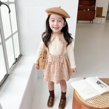 Vaikų drabužiai rudenį naujų mados mergaičių gėlėti suspender sijonas ilgomis rankovėmis dviejų dalių kostiumėlis 3~8 metų amžiaus vaikų drabužiai