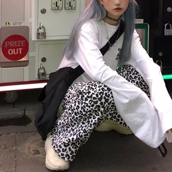 Vangull Derliaus leopard kelnės moteriška Harajuku Streetwear mados prarasti atsitiktinis kelnės Didelio juosmens pločio kojų Medvilnės Tiesios kelnės