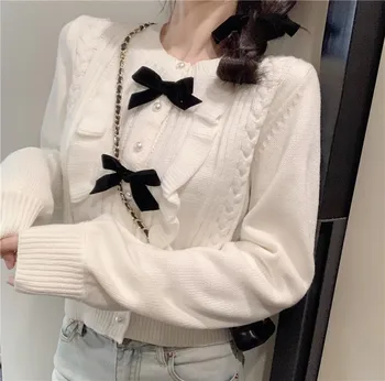 Moterų Plonas Baltos Spalvos Raukiniai Bowknot Cardigan Prarasti Saldus Japonų Stiliaus Megzti Paltai