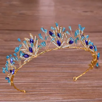 Mėlyna Kristalų Rožančiai ir Karūnos Paprastas kalnų krištolas Kaspinai Moterų Royal Princess Diadem Birde Vestuvių Plaukų Papuošalai diadema