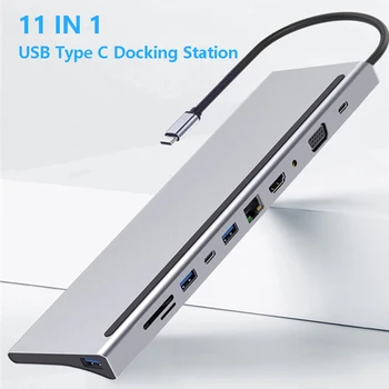 11 1 USB Tipo C Hub Adapteris Nešiojamas Docking Station HDMI, VGA, RJ45 PD 