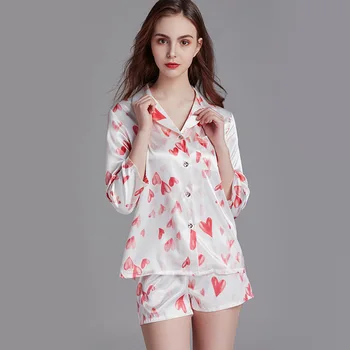 Naujas Moterų Pižama Komplektas 2 vnt spausdinimo Dirbtiniais Šilko Pižama Kostiumas Mielas Sleepwear Trumpas Sleepwear Šortai moterims